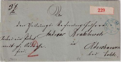 Hannover - Northeim 4/7 blauer K2 Paketbegleitbrief n. Oldershausen ca. 1855/60