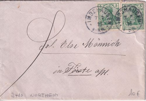 DR - Imbshausen 1913 kl. K1 2x5 Pfg. Germania Brief n. Förste - mit Inhalt