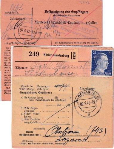 DR - Nörten-Hardenberg 1942 Paketkarte n. Hagenau (Els.) Retouraufkleber