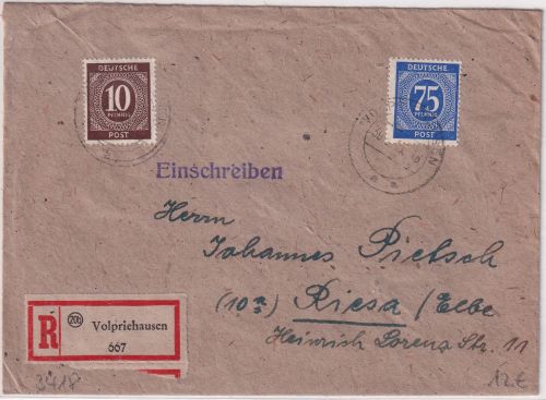 All.Bes. - 75+10 Pfg. Ziffer Einschreibebrief Volpriehausen n. Riesa 1948