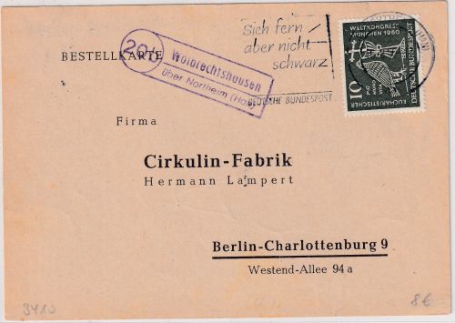 BRD - (20b) Wolbrechtshausen ü. Northeim Landpost-Ra2 Karte n. Berlin 1960