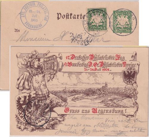 Bayern - Regensburg Philatelistentag 1905 5 Pfg. Privat-GA + SST n. FRANKREICH