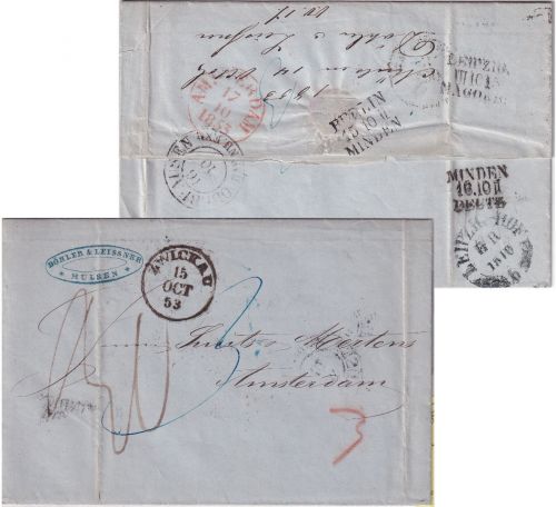 Sachsen/Holland - Zwickau 1853 K2 Portobrief Mülsen - Amsterdam - mit Inhalt