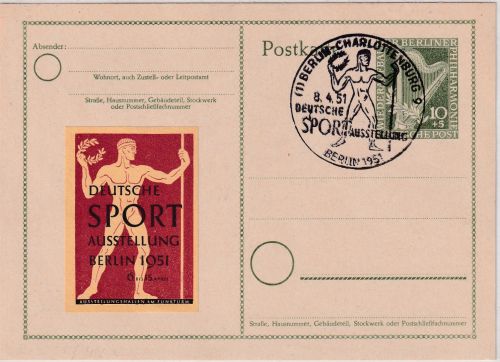 Berlin - 10 Pfg. Philharmonie Ganzsache SST Dt. Sportausstellung + Vignette 1951
