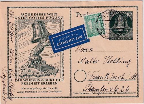 Berlin - 10 Pfg. Maikundgebung Ganzsache+Zusatz Luftpostkarte n. FFM 1952