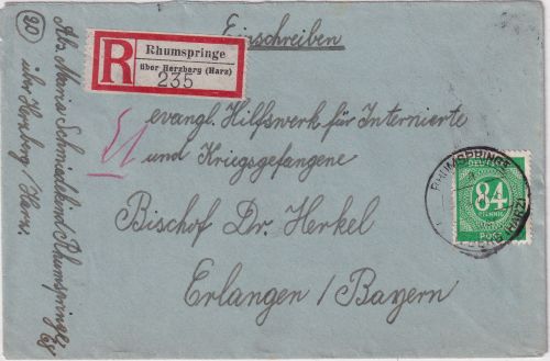 All.Bes. - Rhumspringe ü. Herzberg Poststelle I Einschreibebrief n Erlangen 1947