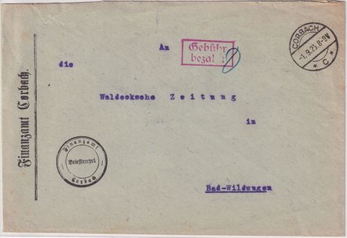 DR-Infla - Corbach 1.9.23 Ra2 hds. "D" (Finanzamt) Brief n. Bad Wildungen