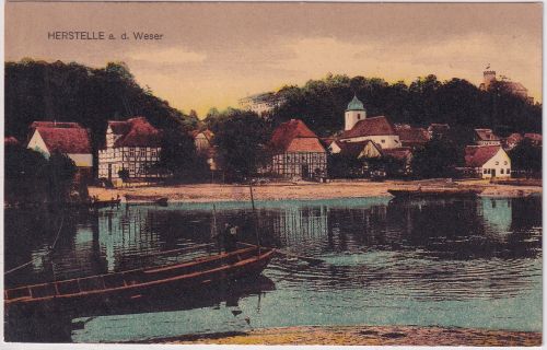 NRW - Herstelle a.d. Weser farb. Ortsansicht ungelaufen ca. 1915