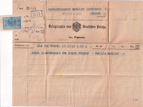 DR - Kassel 1912 Telgramm (Hochzeit) aus Elm Bz. Kassel