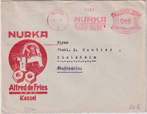 DR - Kassel 1931 25 Pfg. AFS "NURKA" illustr. Firmenbrief n. FRANKREICH