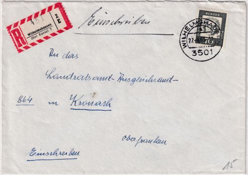 BRD - Wilhelmshausen ü. Kassel 7 Poststelle I Einschreibebrief n. Kronach 1963