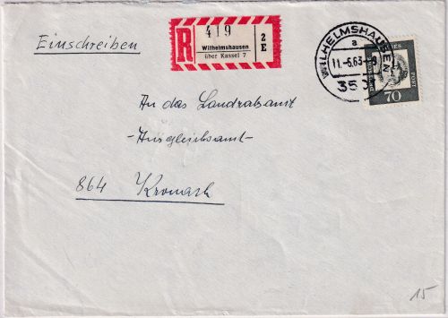 BRD - Wilhelmshausen ü. Kassel 7 Poststelle I Einschreibebrief n. Kronach 1963