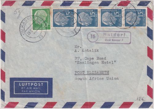 BRD - (16) Haldorf ü. Kassel 7 Luftpostbrief n. SÜDAFRIKA 1956