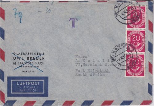 BRD - 3x20 Pfg. Posthorn Luftpostbrief n. SÜDAFRIKA Kassel 1953 Nachporto