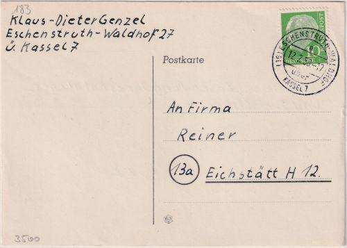 BRD - (16) Eschenstruth-Waldhof ü. Kassel 7 Poststelle I Karte n. Eichstätt 1958