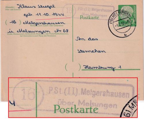 BRD - (16) Pst(II) Melgershausen ü. Melsungen Landpost-Ra2 Ganzsache 1957