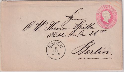 Baden - 3 Kr. Ganzsache Brief K1 Baden - Berlin 1869