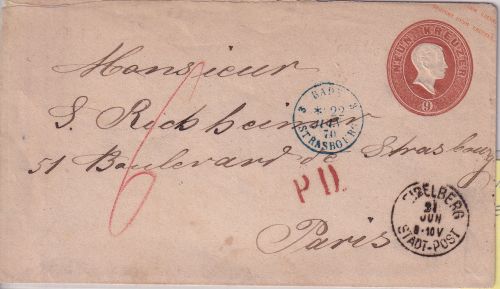 Baden/Frankreich - 9 Kr. Ganzsache Brief K1 Heidelberg Stadtpost - Paris 1870