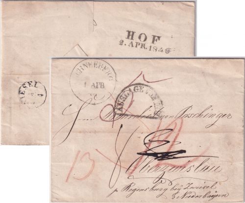 Sachsen/Bayern - Schneeberg 1848 K1 Auslagenbrief (Hof) n. Oberzwieselau