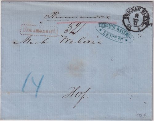NDP(Sachsen)/Bayern - Zwickau Bahnh. 1869 K2 Einschreibebrief n. Hof