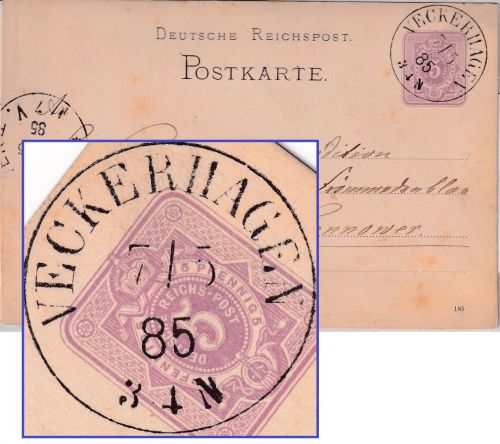 DR - Veckerhagen 1885 gr. K1 5 Pfg. Ganzsache n. Hannover