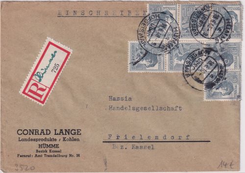 All.Bes. - Hümme ü. Hofgeismar Poststelle I Einschreibebrief n. Frielendorf 1948