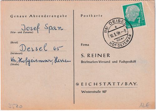 BRD - (16) Deisel ü. Hofgeismar Poststelle I Drucksache n. Eichstätt 1958