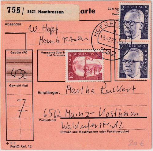 BRD - 2x2 DM+30 Pfg. Heinemann Paketkarte Poststelle I 3521 Hombressen 1973