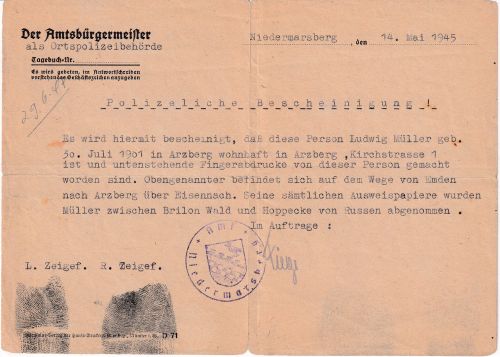 All.Bes. - Niedermarsberg 14. Mai 1945 polizeiliche Bescheinigung