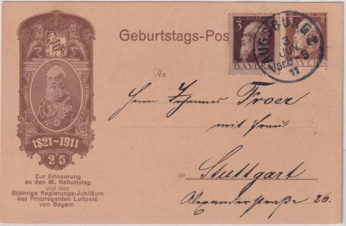 Bayern - Prinzregent Luitpold 18121-1911 3 Pfg. Privatganzsache Augsburg 1911