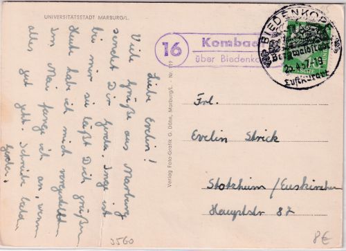 BRD - (16) Kombach ü. Biedenkopf Landpost-Ra2 Karte n. Stotzheim 1957