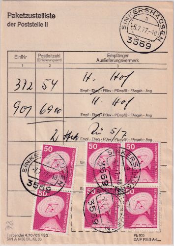 BRD - 6x50 Pfg. I&T Paketzustelliste Poststelle II Sinkershausen 1977