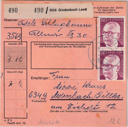 BRD - Gladenbach Land (Allna) Paketkarte n. Medenbach 1975