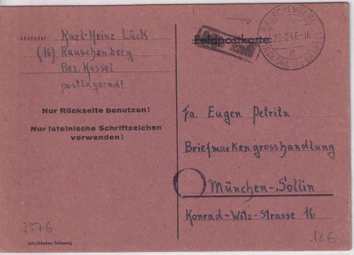 All.Bes. - Rauschenberg ü. Kirchhain (Bz. Kassel) Gebühr bezahlt L1 Karte 1946