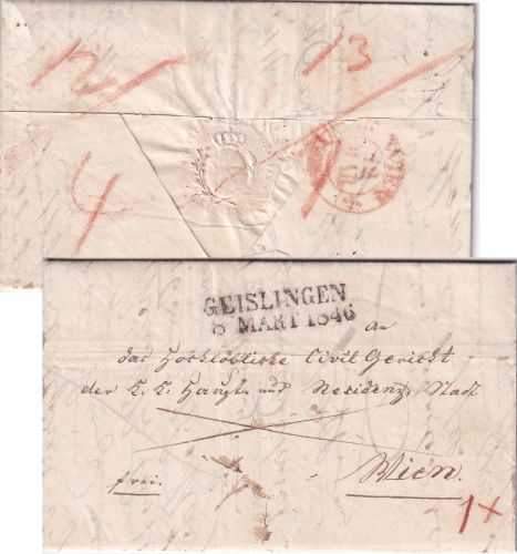 Württemberg/Österreich - Geislingen 1846 L2 Frankobrief n. Wien Brieffachgebühr