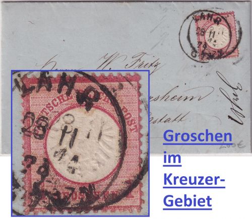 DR - 1 Gr. gr. Brustschild Brief K1 Lahr (Kreuzer !!) - Durmersheim 1874
