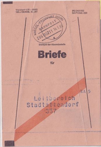 BRD - Stadtallendorf 1984 Vorbundzettel f. Briefsendungen Bahnpost kassel - FFM