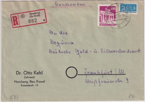 Bizone - 80 Pfg. Bauten Einschreibebrief Homberg - Frankfurt a/M. 1951
