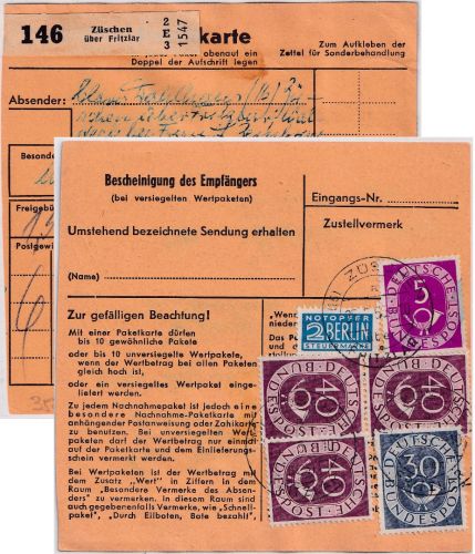 BRD - Züschen ü. Fritzlar Poststelle I Wertpaketkarte n. Malleck ü Lüneburg 1953
