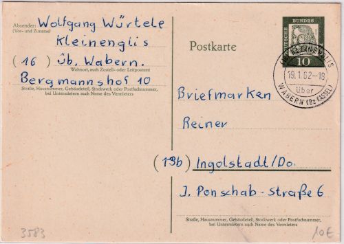 BRD - (16) Kleinenglis ü. Wabern Poststelle I Ganzsache n. Ingolstadt 1962