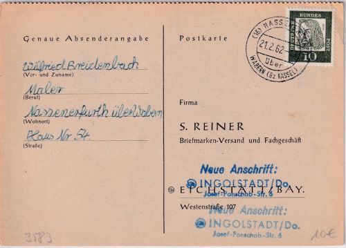 BRD - (16) Nassenerfurth ü. Wabern Poststelle I Karte n. Ingolstadt 1962