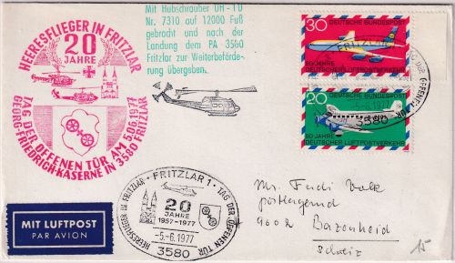 BRD - Fritzlar 1977 20 J. Heeresflieger Hubschrauberpost Lupo-Brief i.d. SCHWEIZ