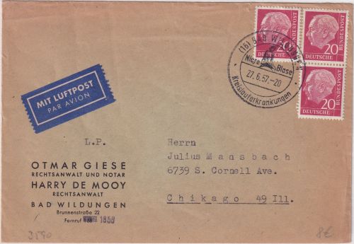BRD - 3x210 Pfg. Heuss I Luftpostbrief n.- USA Bad Wildungungen - Chicago 1957