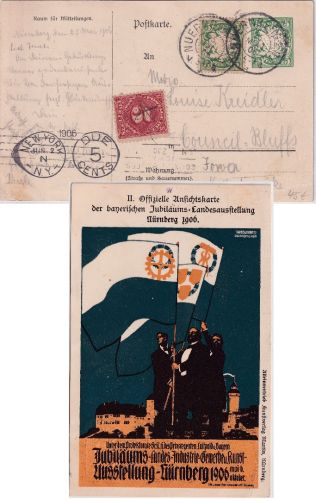 Bayern - Nürnberg Landesausstellung 5 Pfg Privatganzsache n. USA Nachporto 1906