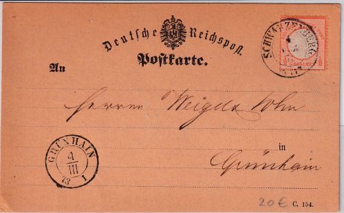 DR - 1/2 Gr. gr. Brustschild K2 Schwarzenberg Karte n. Grünhain 1873