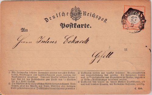 DR - 1/2 Gr. gr. Brustschild sächs. K2 Mehltheuer b. Plauen Karte n. Gefell 1873