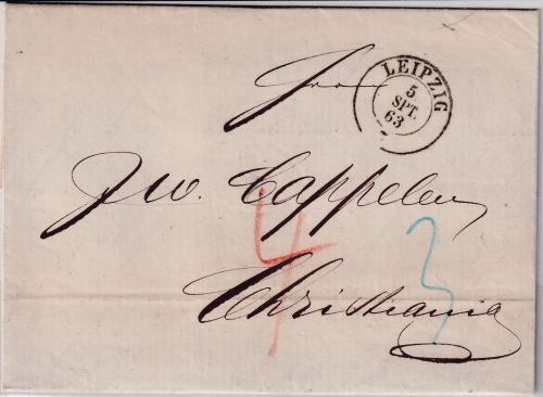 Sachsen/Norwegen - Leipzig 1863 K2 Portobrief n. Christiania (Oslo) - mit Inhalt
