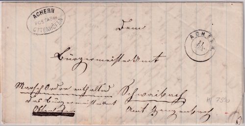 Baden - Achern Postablage Ottenhöfen Dienstbrief/Marschordre n. Schwaibach 1866