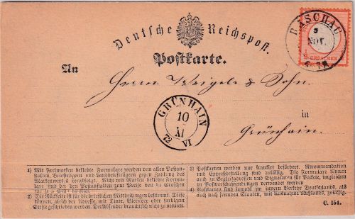 DR - 1/2 Gr. gr. Brustschild Karte K2 Raschau - Grünhain 1872 - Pracht !!