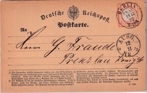 DR - 1/2 Gr. gr. Brustschild Karte K2 Berlin P.E.27 - Prenzlau 1872